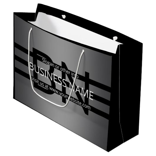 モダングレーのグラデーション & 水平ブラックストライプ ラージペーパーバッグ (正面アングル)