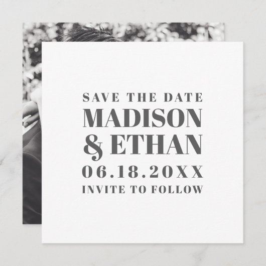 モダングレーはっきりしたブロック文字タイポグラフィ写真 セーブザデート (正面/裏面)