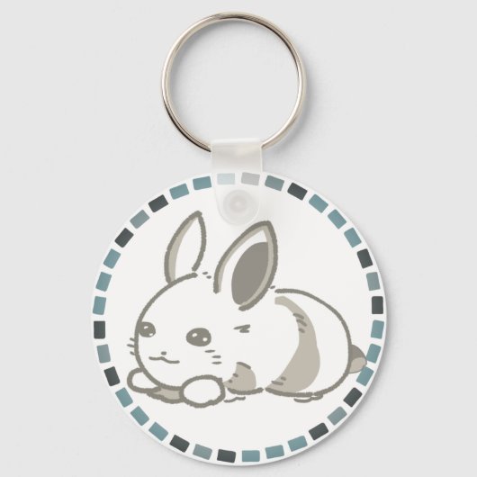 モダングレー＆もこもこ座りうさぎデザイン  キーホルダー (正面)