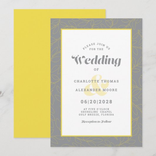 モダングレー＆イエローアブストラクトリーフパターン 招待状 (正面/裏面)