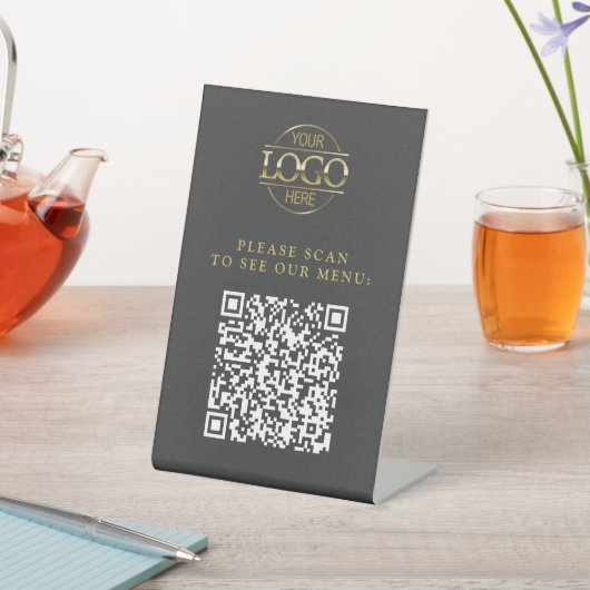 モダングレー カスタム ビジネス ロゴ QR コード メニュー 台座サイン (インサイチュ)