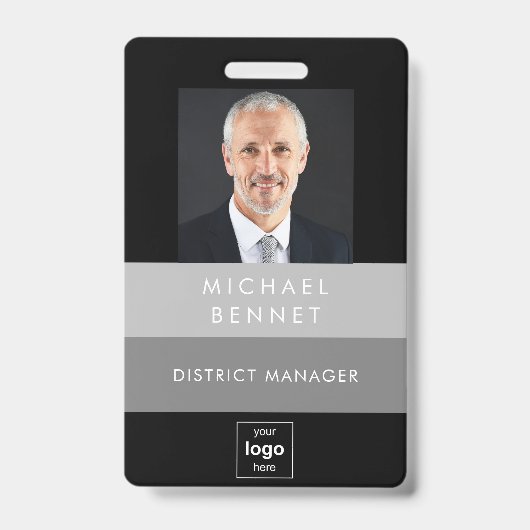 モダングレー ブラック 法人写真付きIDカード バッジ (正面)