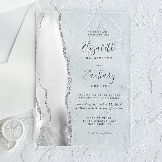 モダングレー ホワイト シルバー アゲート ウェディング アクリル招待状