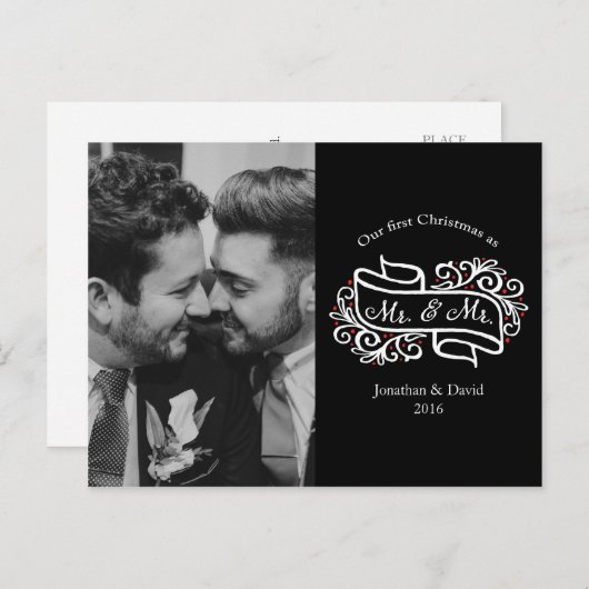 モダンゲイエレガント新婚クリスマス写真 ポストカード (正面/裏面)