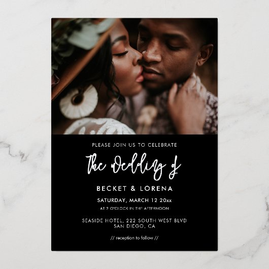 モダンコンテンポラリー結婚写真白黒 箔招待状 (正面)