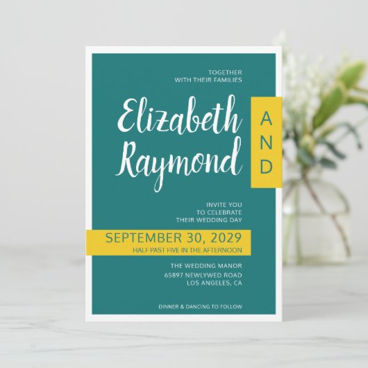 モダンコンテンポラリー緑と黄ミニマル結婚色 招待状 (スタンド正面)