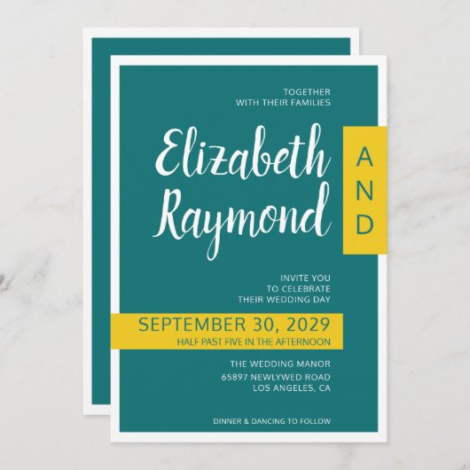モダンコンテンポラリー緑と黄ミニマル結婚色 招待状 (正面/裏面)
