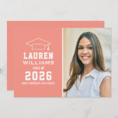 モダンコーラルピンク フォト 卒業パーティー 招待状 (正面/裏面)