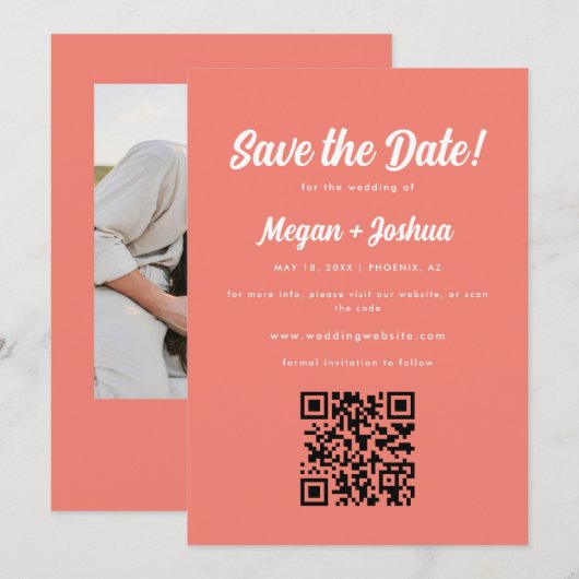 モダンコーラルピンクQRコード結婚式 セーブザデート (正面/裏面)