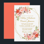 モダンコーラルフラワリーゴールドの幾何学的な結婚式 招待状<br><div class="desc">モダンでエレガントな水彩コーラルとゴールドの幾何学的なフレームの結婚式の招待状</div>