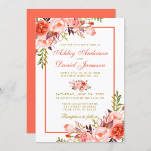 モダンコーラルフローラ金ゴールド結婚ズ 招待状