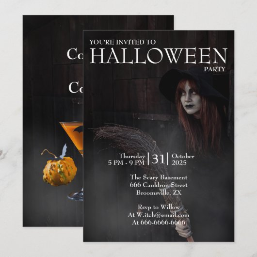 モダンゴシックなハロウィンの魔女の箒のある暗い納屋 招待状 (正面/裏面)