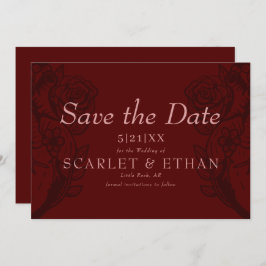 モダンゴシックエレガント赤色フローラ結婚ハート セーブザデート