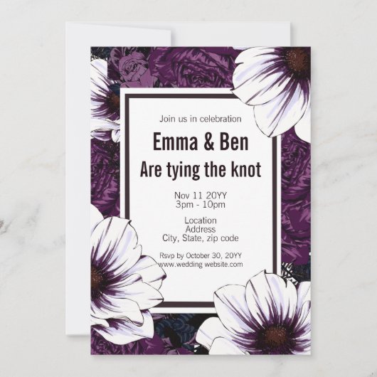 モダンゴス フローラル ダークプラム ウェディング招待状 招待状 (正面)