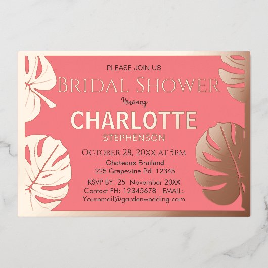 モダンゴールデントロピカル葉ブライダルシャワー金ゴールド 箔招待状 (正面)