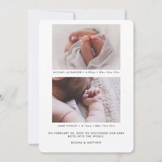 モダンゴールデンミニマルイエローベビーフォトツイン誕生 案内状 (裏面)