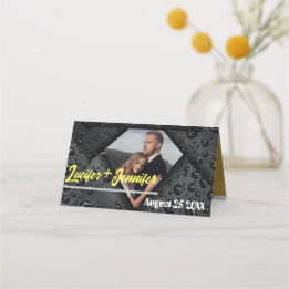 モダンゴールデン結婚ダイヤのカスタム写真折り畳み プレイスカード