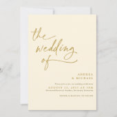 モダンゴールドとクリームの手書き結婚式 招待状 (正面)