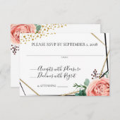 モダンゴールドとピンクの幾何学的な結婚式の出欠確認 招待状 (正面/裏面)