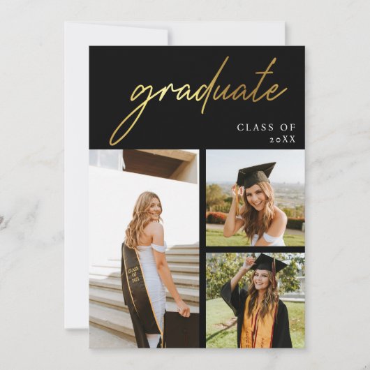 モダンゴールドとブラックの写真卒業パーティー 招待状 (正面)