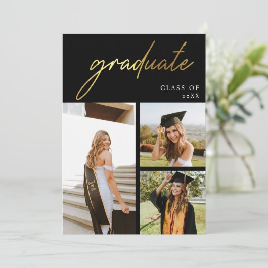 モダンゴールドとブラックの写真卒業パーティー 招待状 (スタンド正面)