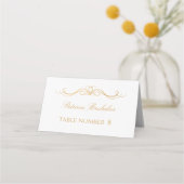 モダンゴールドとホワイトの結婚式 名前+テーブル番号 プレイスカード (正面)