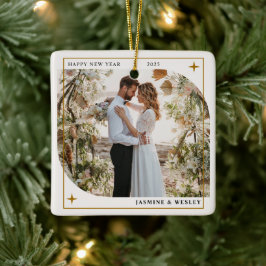 モダンゴールドのクリスマス+結婚式フォト セラミックオーナメント