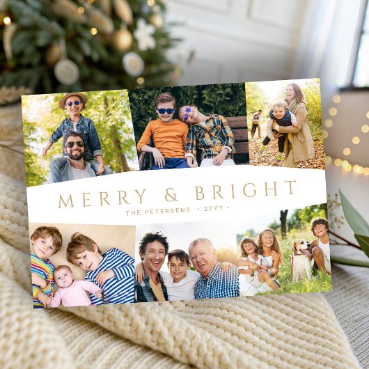 モダンゴールドのMerry and Bright 6枚の写真のクリスマス シーズンカード
