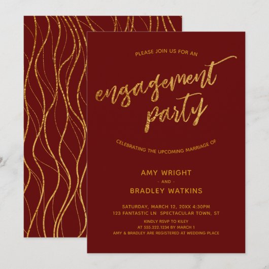 モダンゴールドウェーブ手書きバーガンディエンゲージメント 招待状 (正面/裏面)