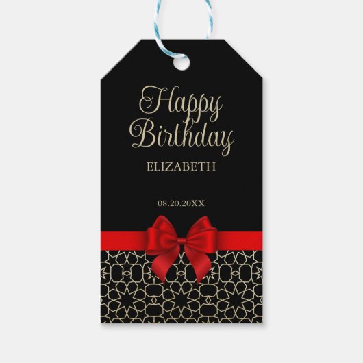 モダンゴールドエジプト幾何学 赤いリボン お誕生日おめでとう ギフトタグ (正面)