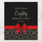 モダンゴールドエジプト幾何学 赤いリボン 80歳の誕生日 ワインラベル (シングルラベル)