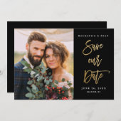 モダンゴールドカリグラフィーブラックフォトウェディング セーブザデート (正面/裏面)