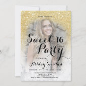 モダンゴールドグリッター大理石オンブレ写真 スイート16 招待状 (正面)