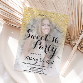 モダンゴールドグリッター大理石オンブレ写真 スイート16 招待状