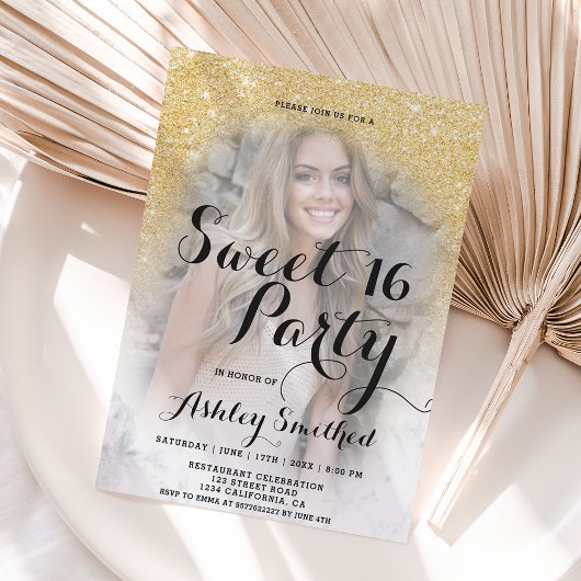モダンゴールドグリッター大理石オンブレ写真 スイート16 招待状