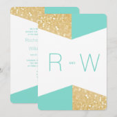 モダンゴールドグリッター & ティールウェディング招待状 招待状 (正面/裏面)