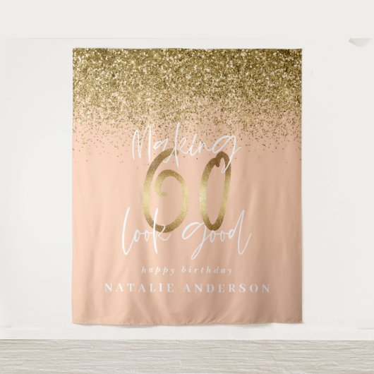 モダンゴールドグリッター 60歳の誕生日パーティー飾りテープ タペストリー (正面)