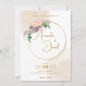 モダンゴールドサークルフラワーウェディング 招待状 (正面)