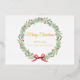 モダンゴールドスクリプトの植物学的なクリスマスリース 箔シーズンカード