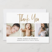 モダンゴールドスクリプトカスタム3 フォトベイビー サンキューカード (正面)