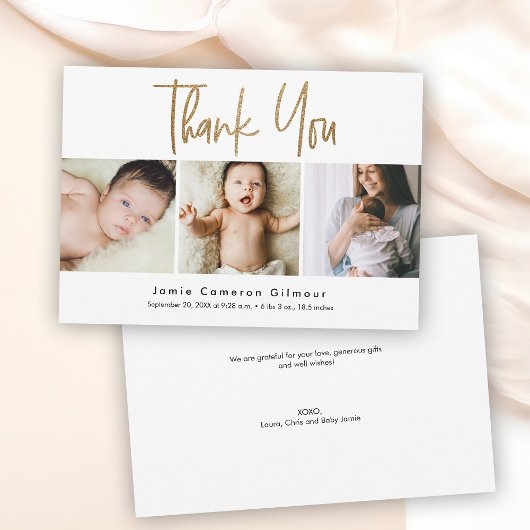 モダンゴールドスクリプトカスタム3 フォトベイビー サンキューカード