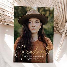 モダンゴールドスクリプト写真卒業発表 箔招待状