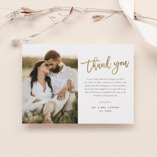 モダンゴールドスクリプト2枚の写真の結婚式 サンキューカード
