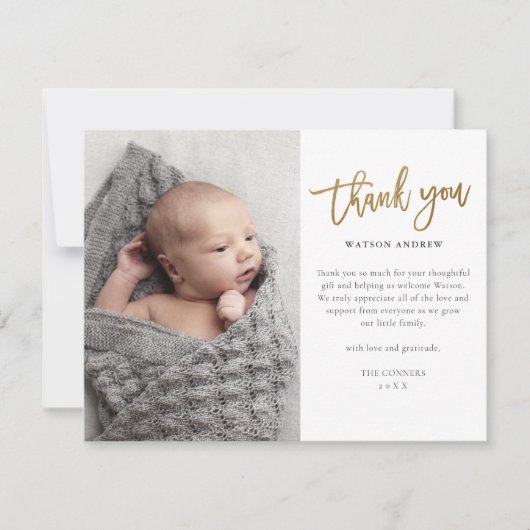 モダンゴールドスクリプト2枚組写真ベイビー サンキューカード (正面)