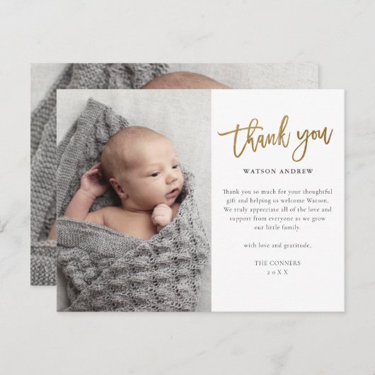 モダンゴールドスクリプト2枚組写真ベイビー サンキューカード (正面/裏面)
