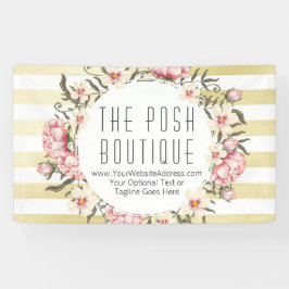 モダンゴールドストライプ & ピンクフラワーローズの花輪 横断幕