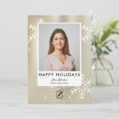 モダンゴールドスノーフレークノータリーホリデー写真 シーズンカード (スタンド正面)
