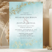 モダンゴールドフレックス ティールミスト ウォーターカラー結婚式 招待状