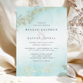 モダンゴールドフレックス ティールミスト ウォーターカラー結婚式 招待状