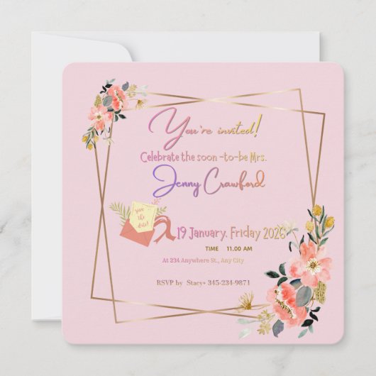 モダンゴールドフレーム | オーダーメイドの花嫁への招待 セーブザデート (正面)